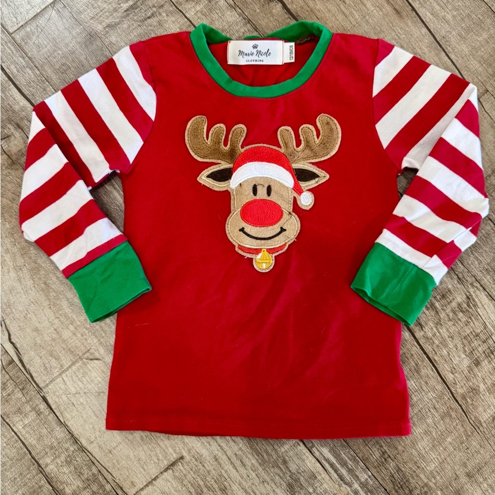 Marie Nicole Baby Reindeer Christmas Shirt Red White Stripes‎ 12–18M